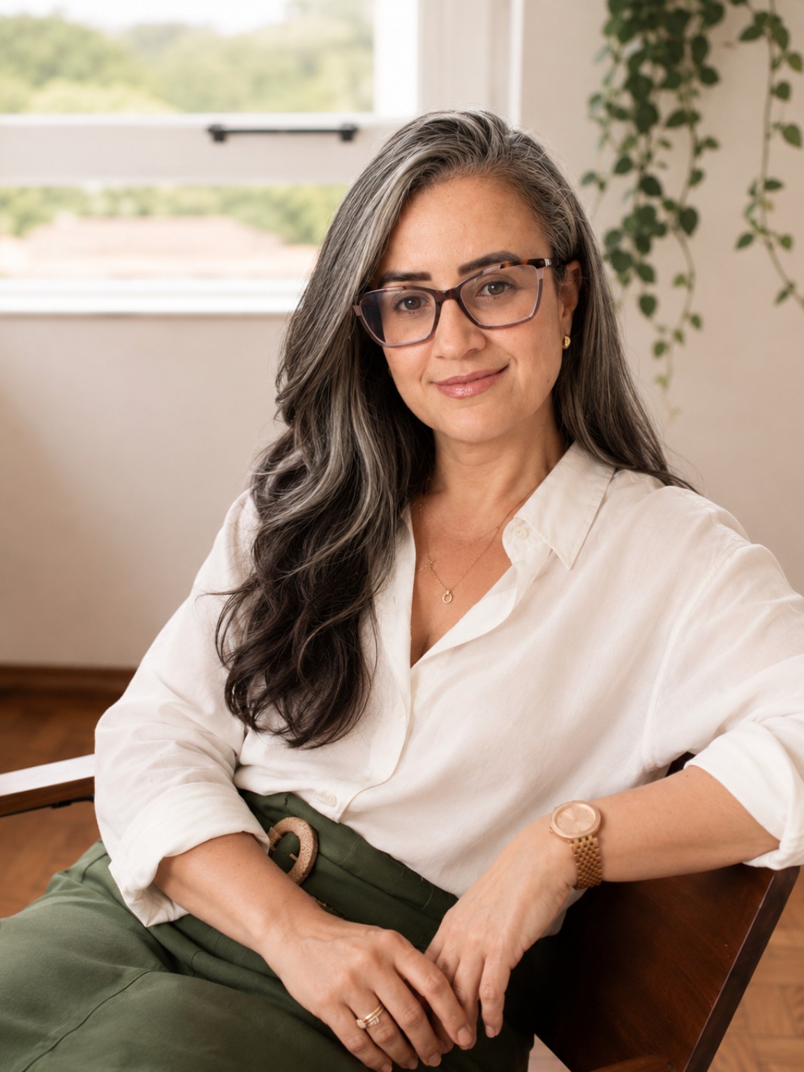 Silvia Fleming, psicóloga, sentada em seu consultório