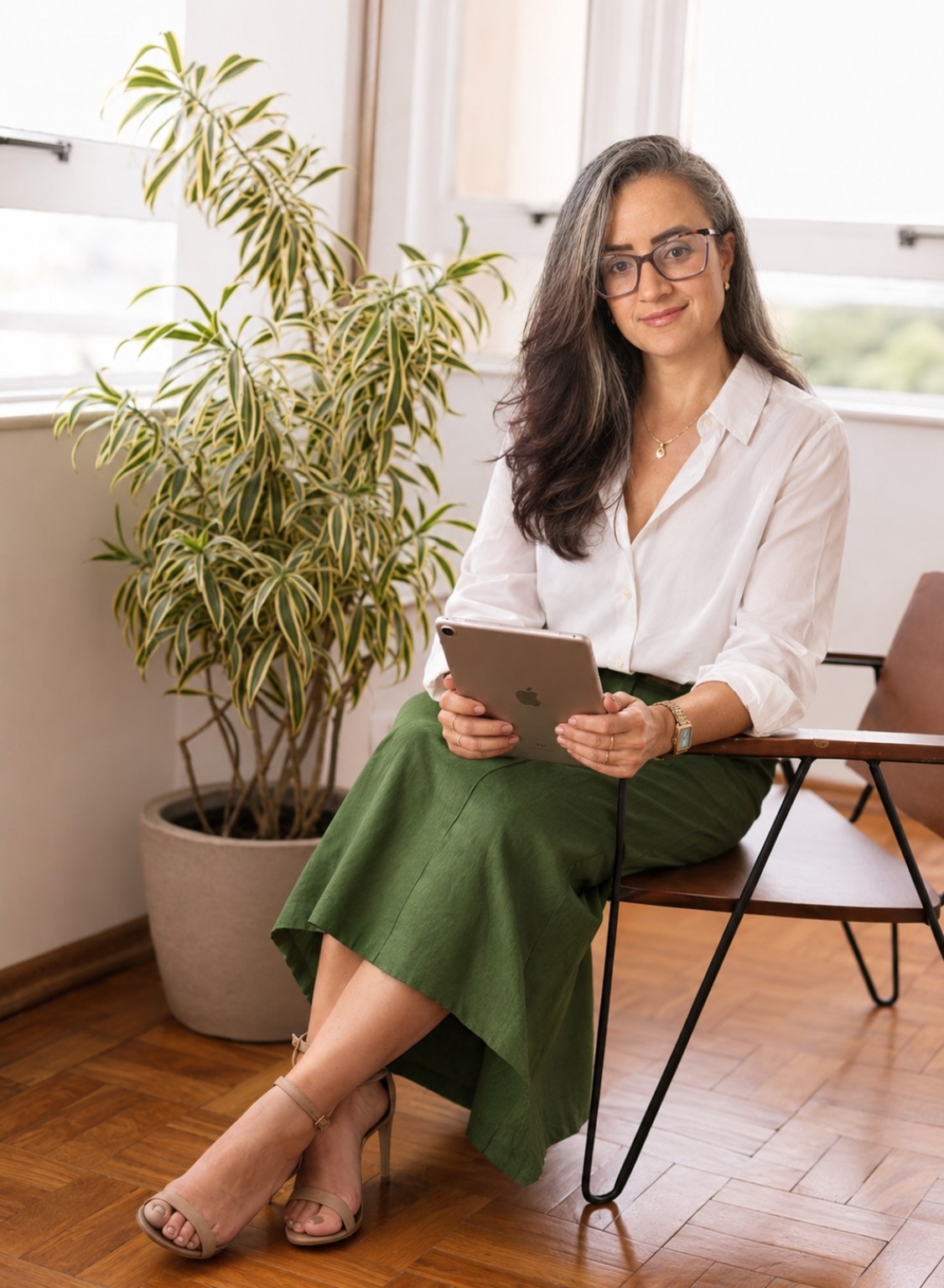 Silvia Fleming sentada com um tablet